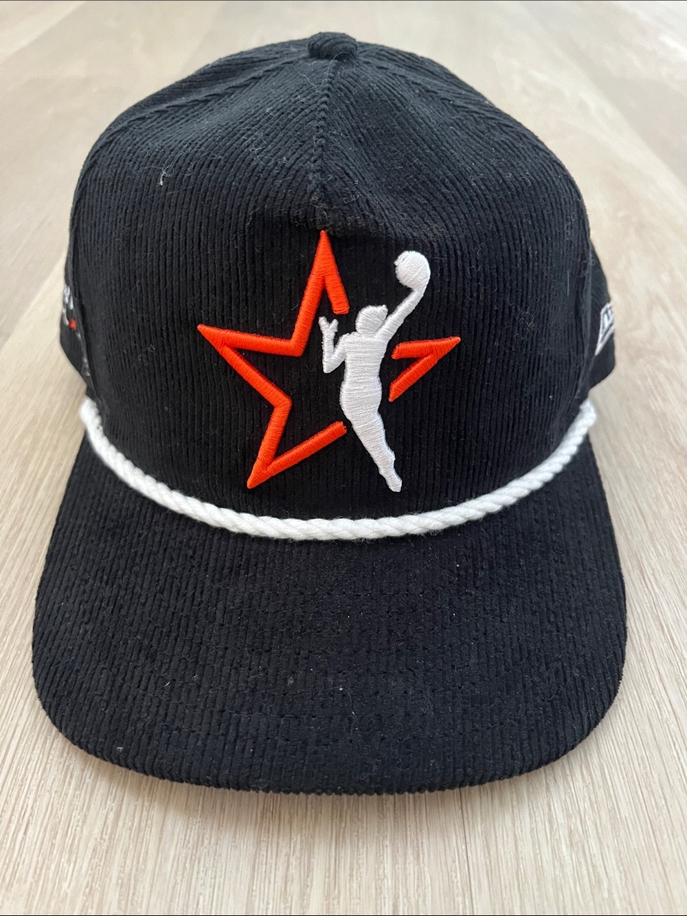 New Era Black Corduroy Cap with Orange Star & White Player Rope Trim
